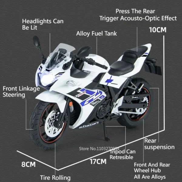 1/12 Suzuki GSX250R Motorcycle Toys Model Diecast Alloy Car Sound Light Metal Body Rubber Tires High Simulation Toy for Kid Gift - Image 2