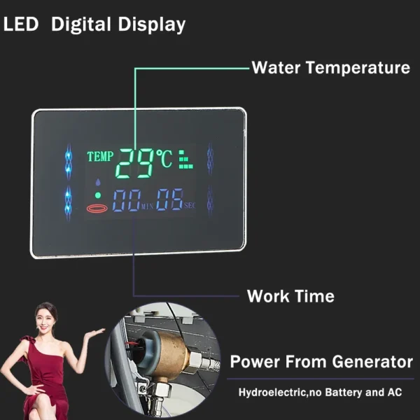 Digital display showing water temperature and time.