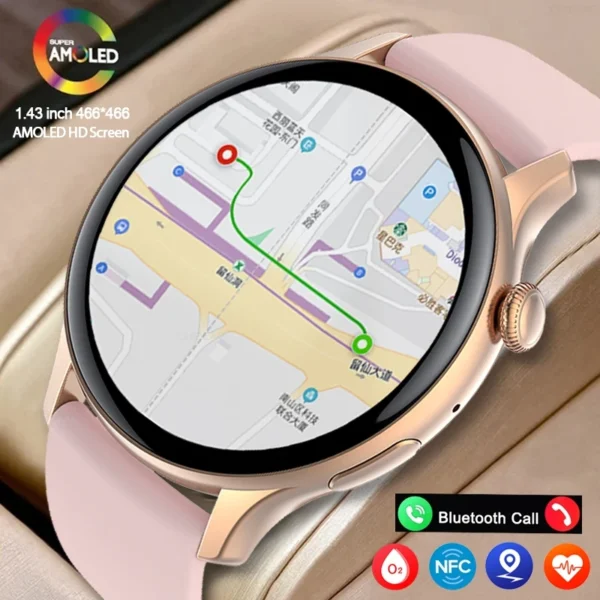 Gold smartwatch with pink band showing map