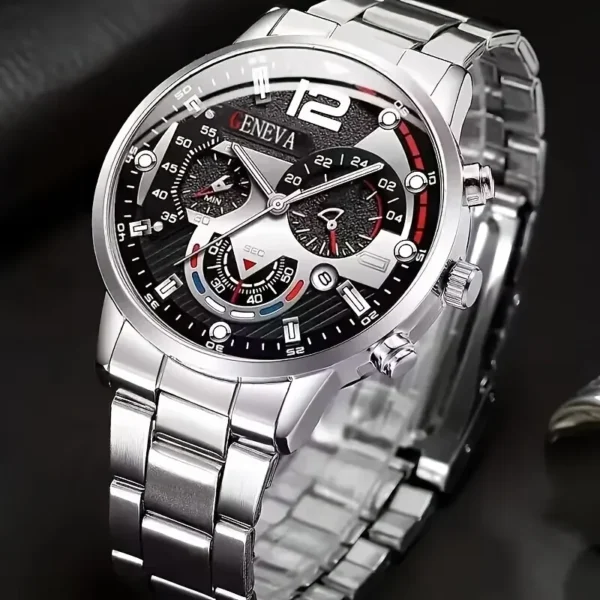 Silver chronograph watch with black face.