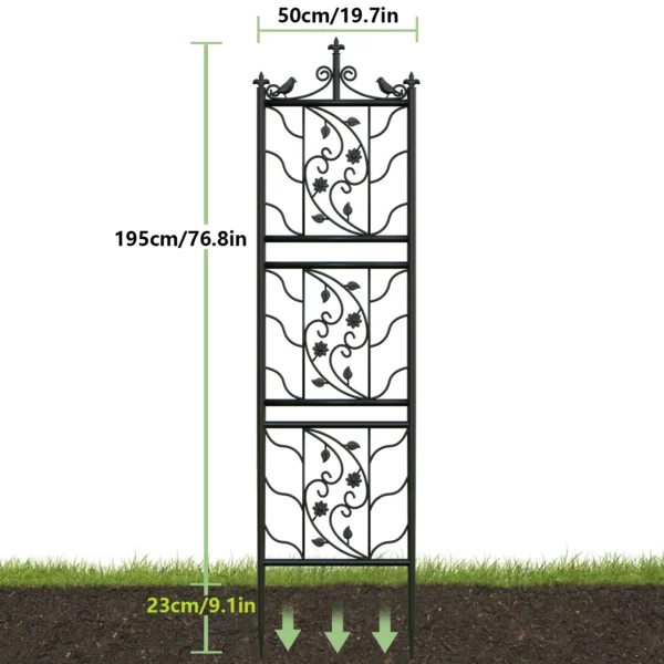 Black metal garden trellis with floral design.