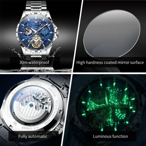 Silver automatic watch with luminous hands.