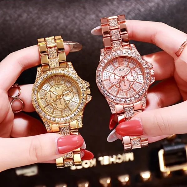 Two gold and rose gold wristwatches with diamonds.