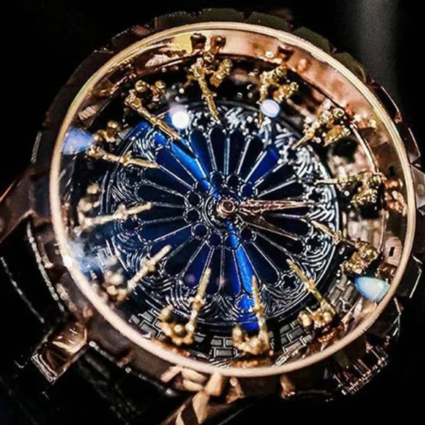 Gold and blue intricate wristwatch face.