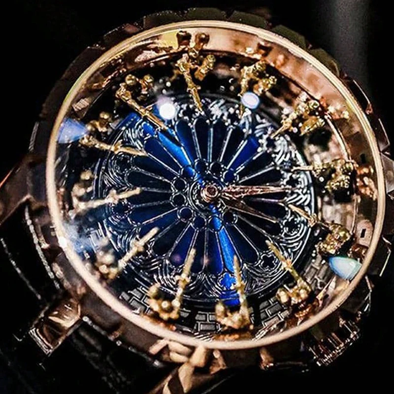 Gold and blue intricate wristwatch face.