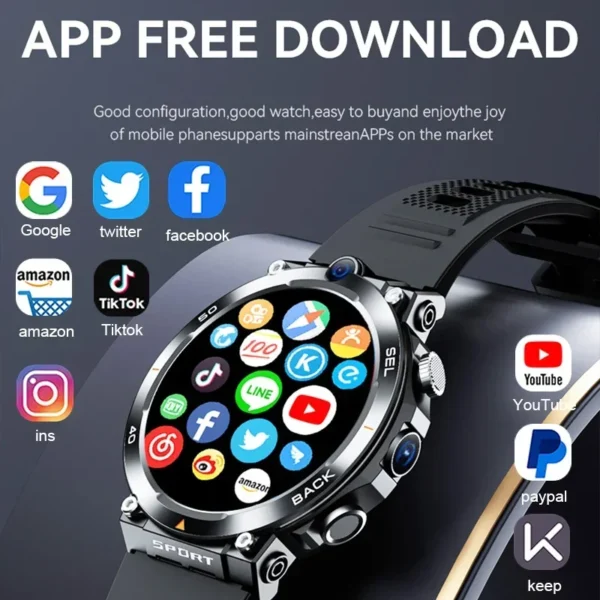 Black smartwatch with various app icons.