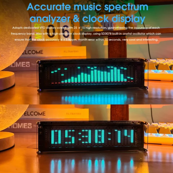 Green digital audio spectrum analyzer clock display.