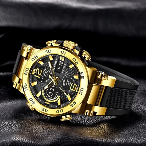 Gold chronograph wristwatch with black band.