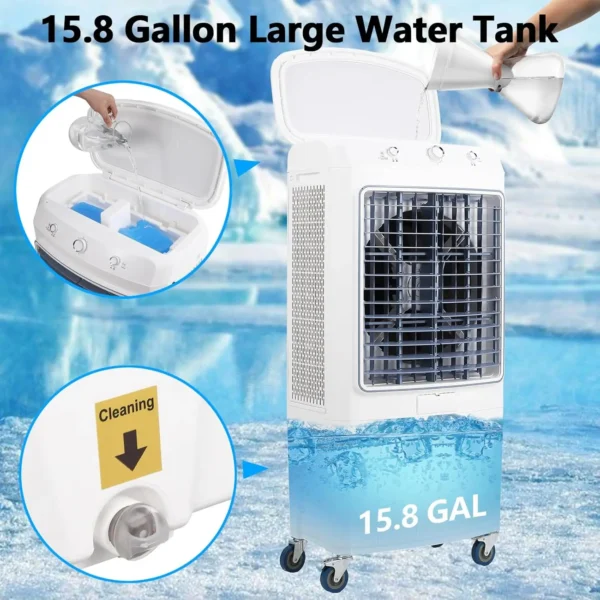 15.8 Gallon Swamp Cooler Evaporative Air Cooler with Remote Control and 4 Ice Packs 3 Modes & Wind Speeds for Outdoor Indoor Use - Image 2