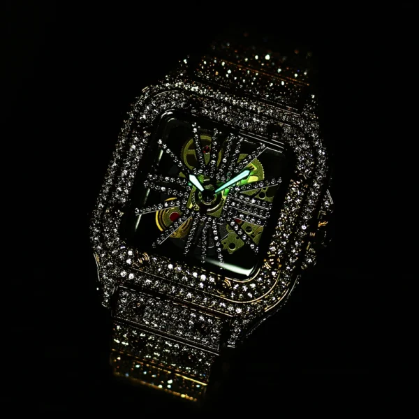 Diamond-encrusted wristwatch with a skeleton dial.