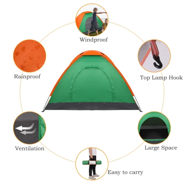 Green and orange camping tent with features.