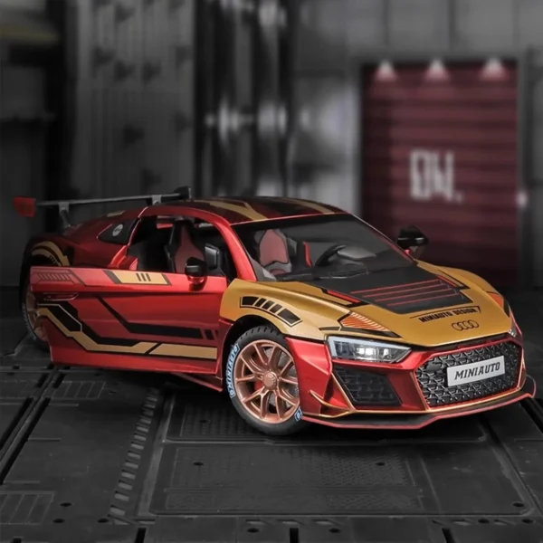 Red and gold Audi R8 model car.