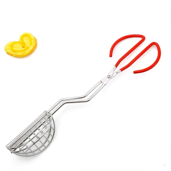 Red-handled stainless steel pastry tongs.