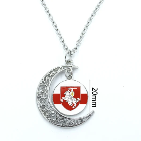 Silver crescent moon necklace with Belarus flag pendant.