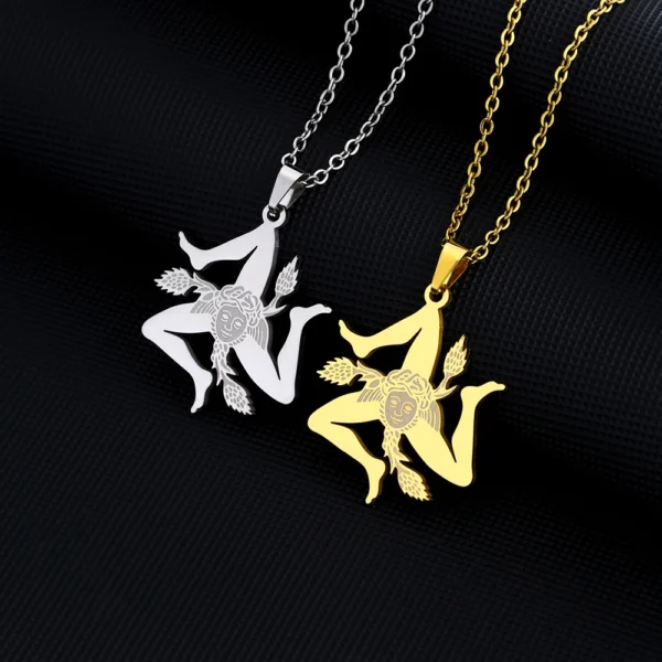 Gold and silver Trinacria pendant necklaces.