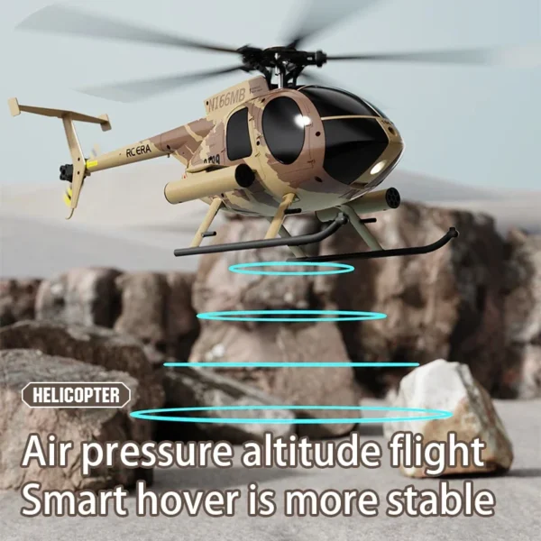 Camouflage helicopter hovering over rocks.