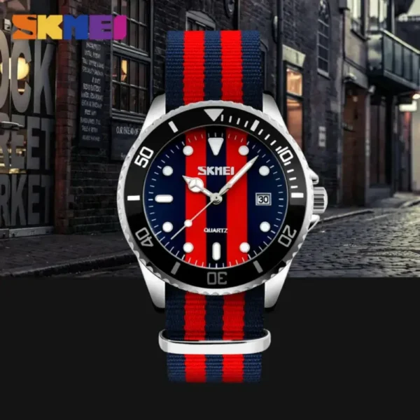 Red and blue striped watch with a black face.