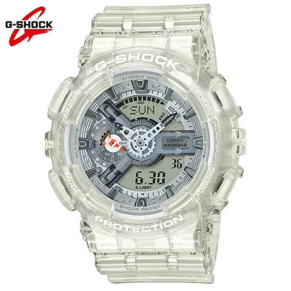 Clear G-Shock watch with digital display.