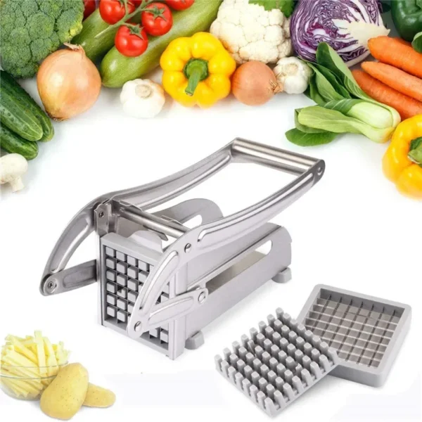 Silver potato chip cutter with vegetables.