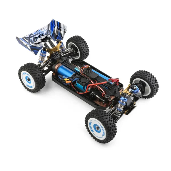 Blue and white RC car chassis.