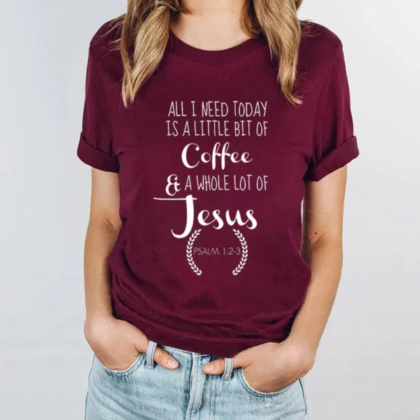 T-shirts for Women Coffee&Jesus Letters Graphic Christian Religious Belief Women Tshirt Retro Classic Short Sleeve Loose T Shirt