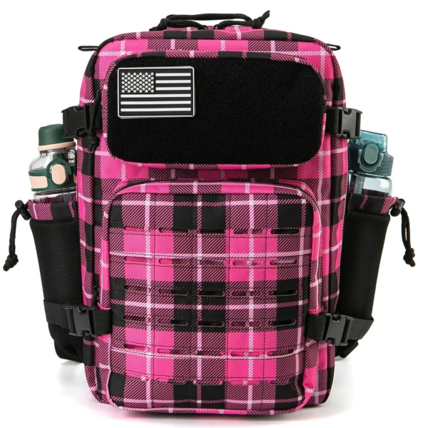 Pink and black plaid backpack with US flag patch.