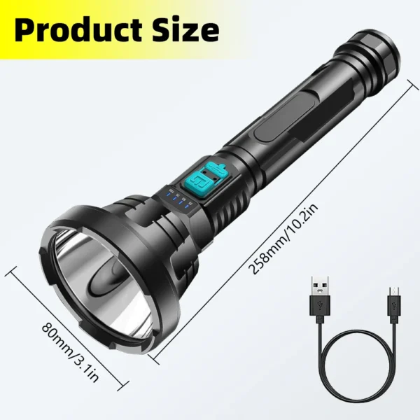 Black flashlight with USB charging cable.