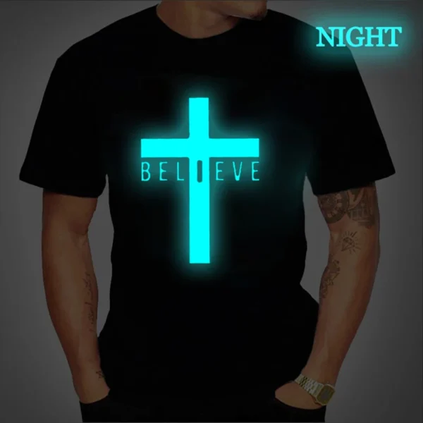 Jesus Tshirt Tops Oversize Men Loose Tee Fashion Jesus Believe Print Men's Short Sleeve T-shirt Luminous New Male Casual Tshirt