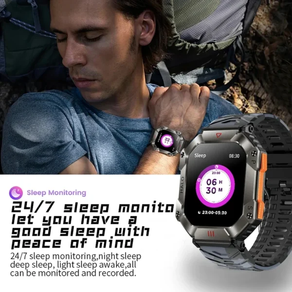 Man wearing smartwatch, sleep monitoring feature.