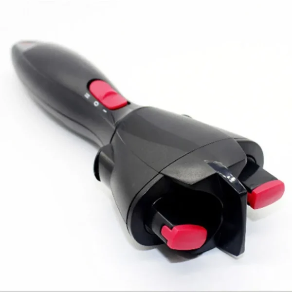 Black hair curling tool with red buttons.