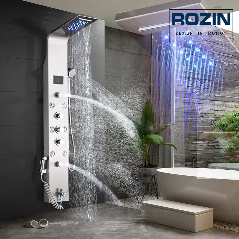 Modern shower system with multiple spray heads.