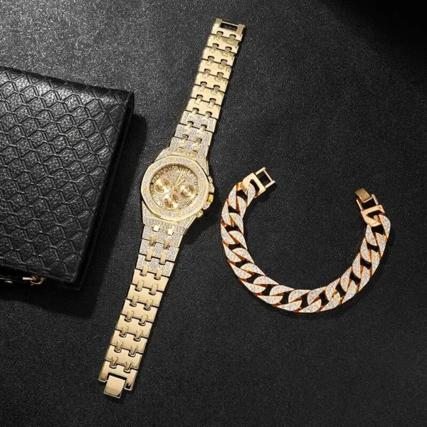 Gold watch and bracelet with diamonds.