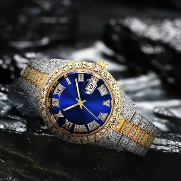 Diamond-encrusted wristwatch with blue face.