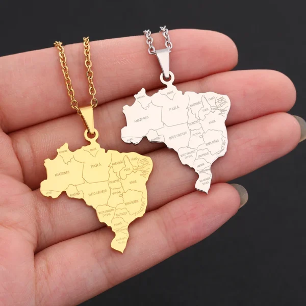 Gold and silver Brazil map necklaces.