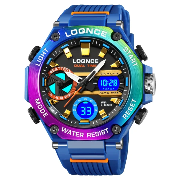 Blue digital watch with rainbow bezel.