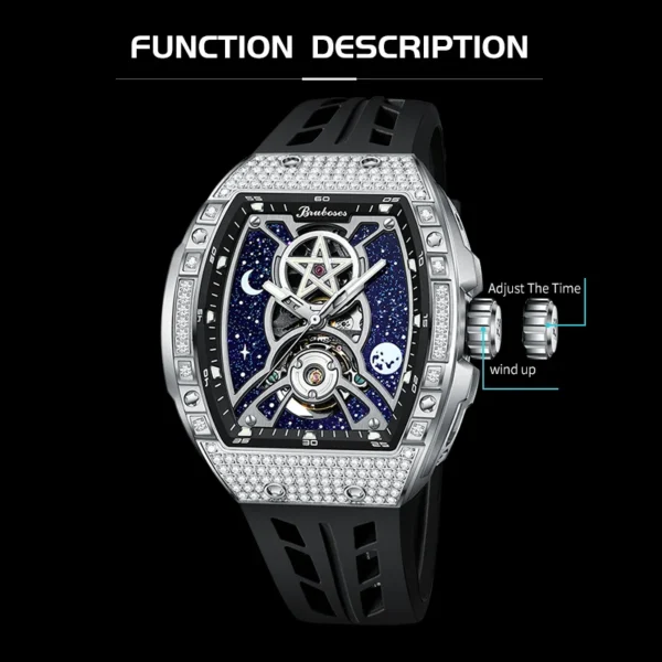 Diamond-encrusted wristwatch with moon phase.