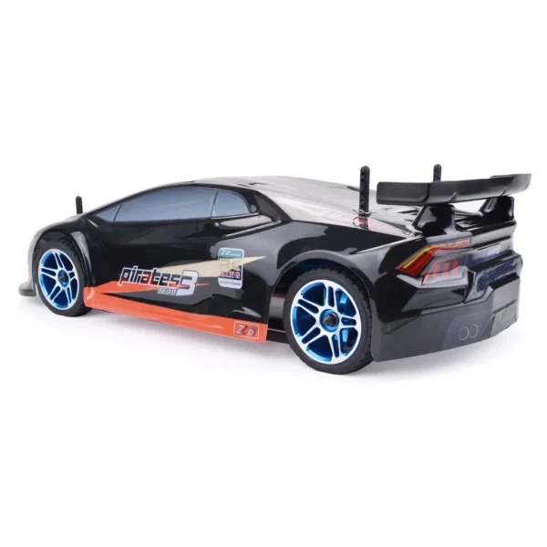 Black remote control sports car with blue wheels.