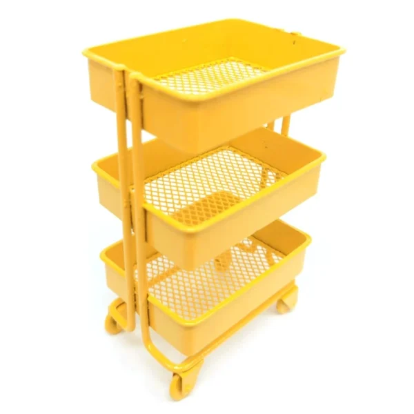 Yellow metal three-tiered rolling cart.