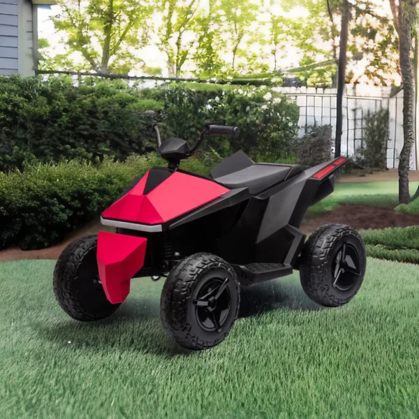 Red and black toy ATV on grass.