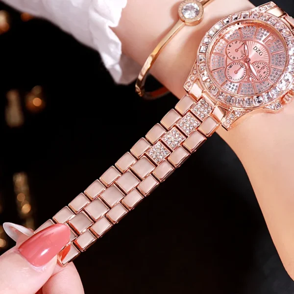 Rose gold watch with diamond band.