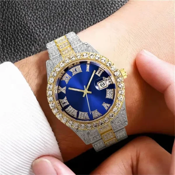 Diamond-encrusted wristwatch with blue face.