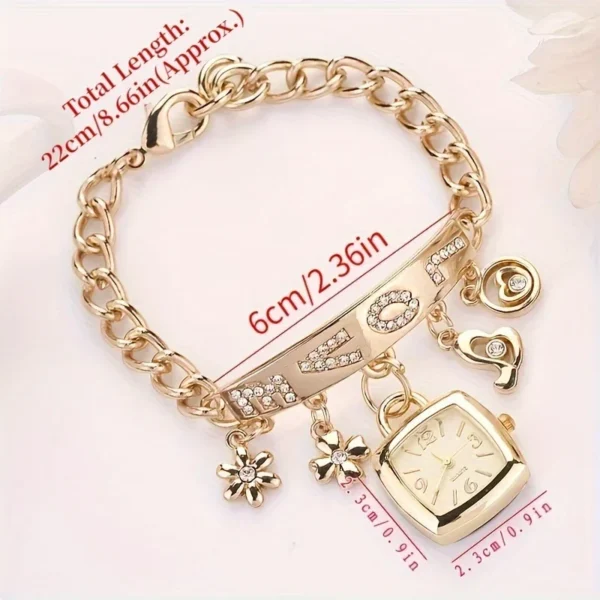 Gold charm bracelet with "love" pendant and watch.