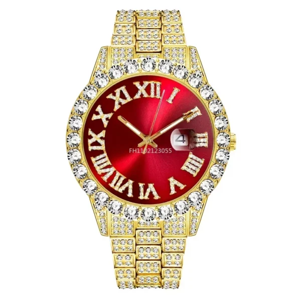 Gold and diamond wristwatch with red face.