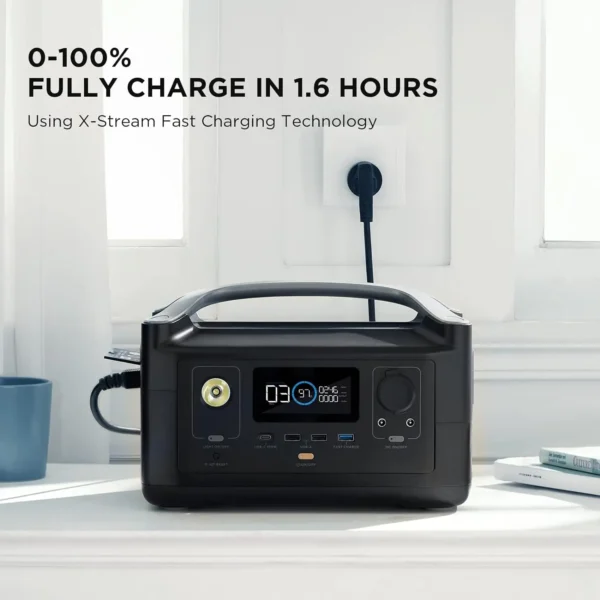 Black portable power station charging.