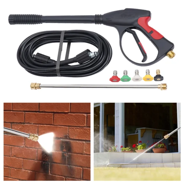 Pressure washer with hose and nozzles.