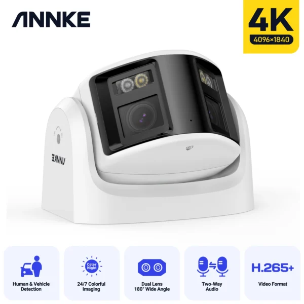 White 4K security camera with dual lens.