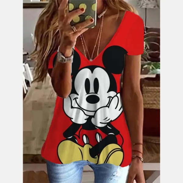 Women's Mickey Mouse Print V-neck T-shirt Tank Top Women's Summer Casual Basic Elastic Tank Top Fashion Women's T-shirt Tunic To