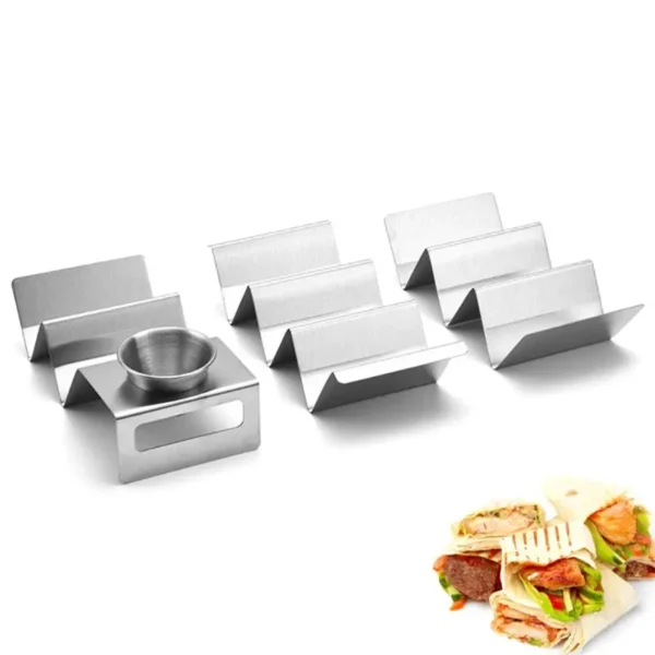 Stainless steel taco holder with dip bowl.