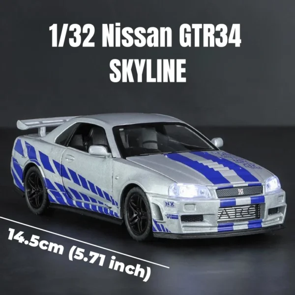 1/32 Nissan GTR34 Skyline GTR Toy Car Model Diecast Racing Miniature Model Sound & Light Pull Back Collection Gift Children Boy - Image 2