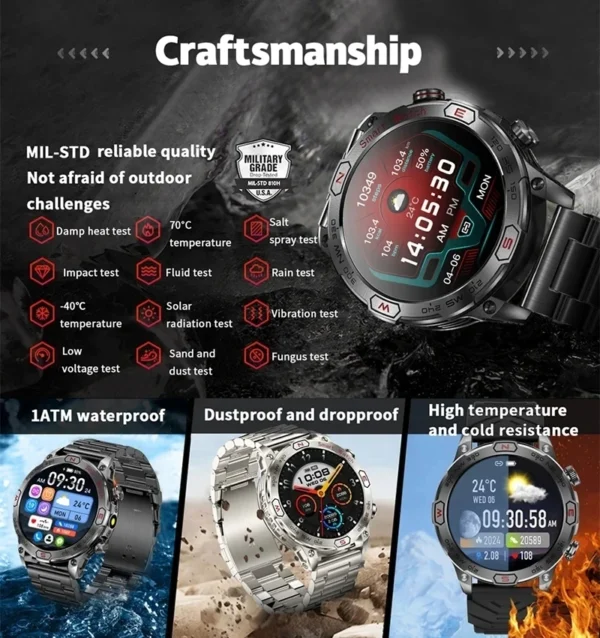 Military grade smart watch with various features.